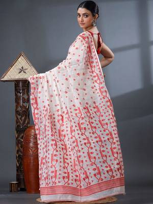 white ethnic motifs silk cotton handloom jamdani saree 5