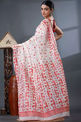 white ethnic motifs silk cotton handloom jamdani saree