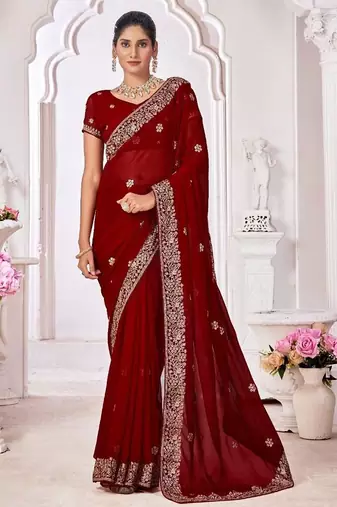 maroon floral embroidered pure georgette saree