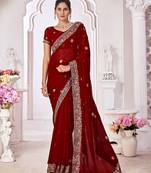 maroon floral embroidered pure georgette saree