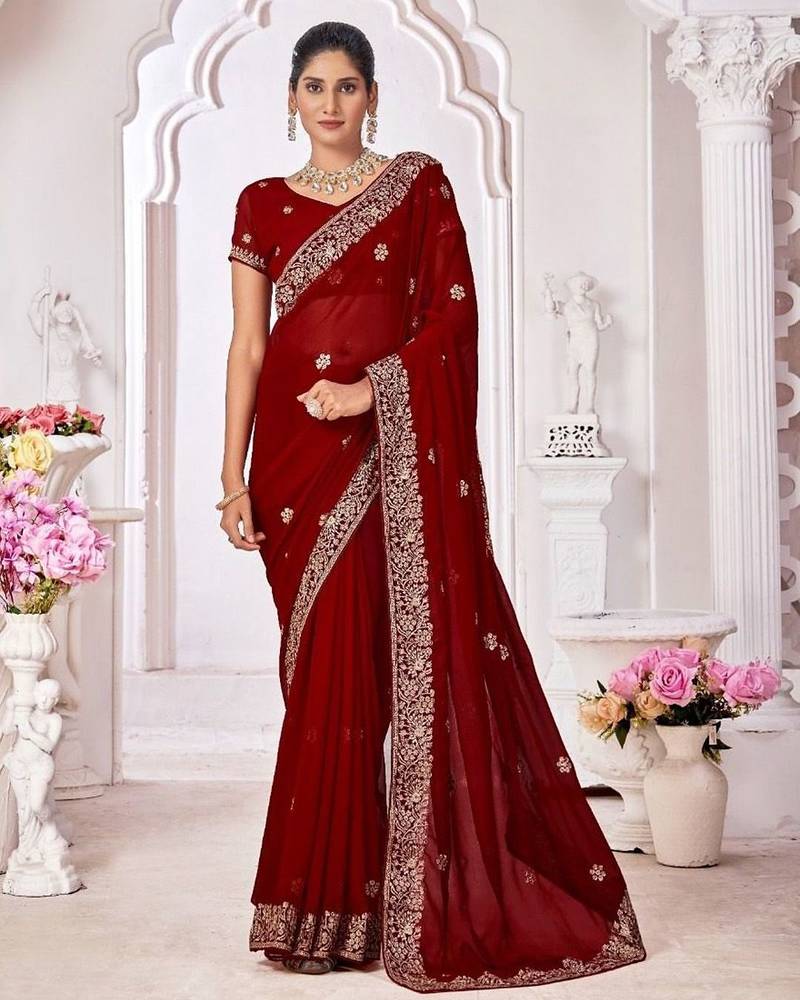 maroon floral embroidered pure georgette saree