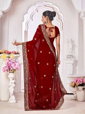 maroon floral embroidered pure georgette saree 2