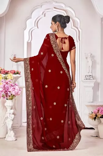 maroon floral embroidered pure georgette saree