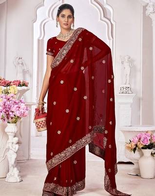 maroon floral embroidered pure georgette saree 3