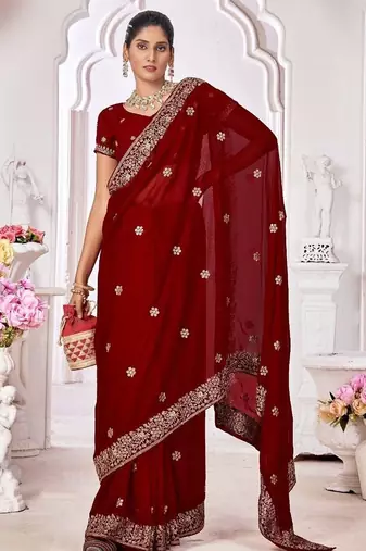 maroon floral embroidered pure georgette saree
