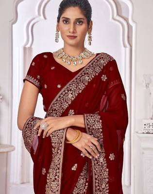 maroon floral embroidered pure georgette saree 4