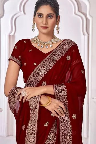 maroon floral embroidered pure georgette saree