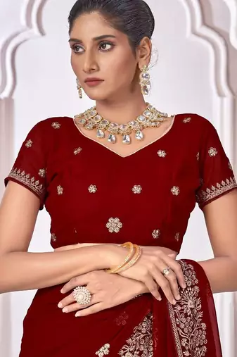 maroon floral embroidered pure georgette saree