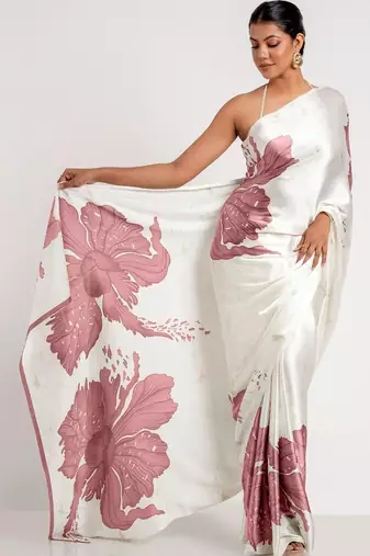white floral satin designer saree