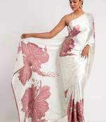 white floral satin designer saree