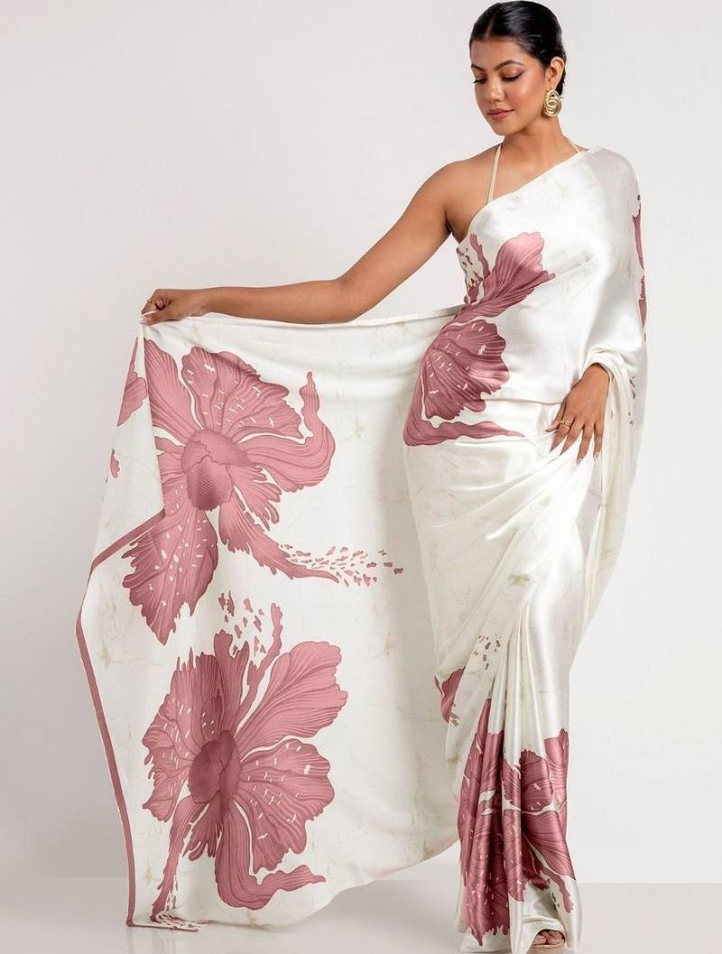 white floral satin designer saree