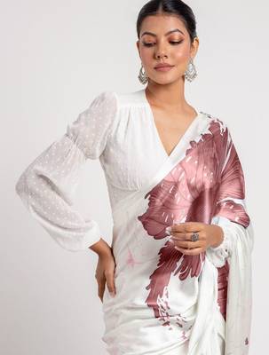 white floral satin designer saree 2