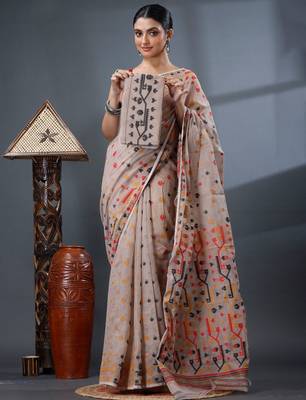 cream woven design silk cotton handloom jamdani saree 1