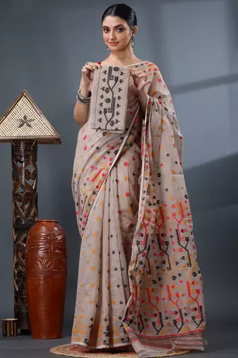 cream woven design silk cotton handloom jamdani saree