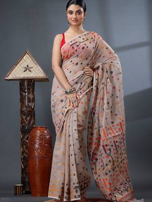 cream woven design silk cotton handloom jamdani saree 2