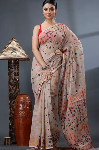cream woven design silk cotton handloom jamdani saree