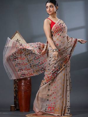 cream woven design silk cotton handloom jamdani saree 3
