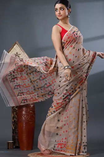 cream woven design silk cotton handloom jamdani saree