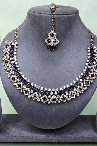 Blue color yellow gold plating festive wear designer necklace set