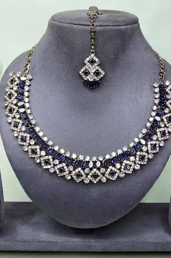 Blue color yellow gold plating festive wear designer necklace set