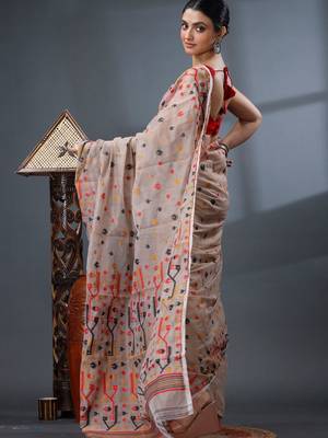 cream woven design silk cotton handloom jamdani saree 4