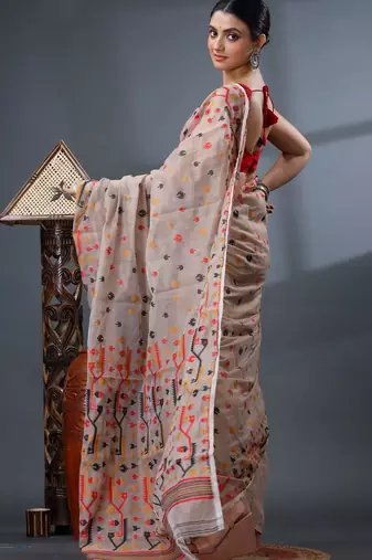 cream woven design silk cotton handloom jamdani saree