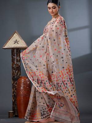 cream woven design silk cotton handloom jamdani saree 5