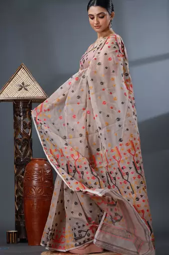 cream woven design silk cotton handloom jamdani saree
