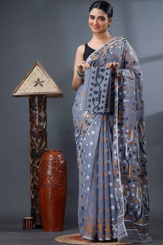 grey ethnic motifs silk cotton handloom jamdani saree