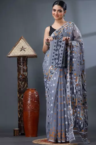 grey ethnic motifs silk cotton handloom jamdani saree