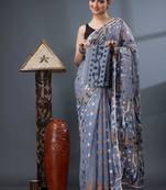 grey ethnic motifs silk cotton handloom jamdani saree