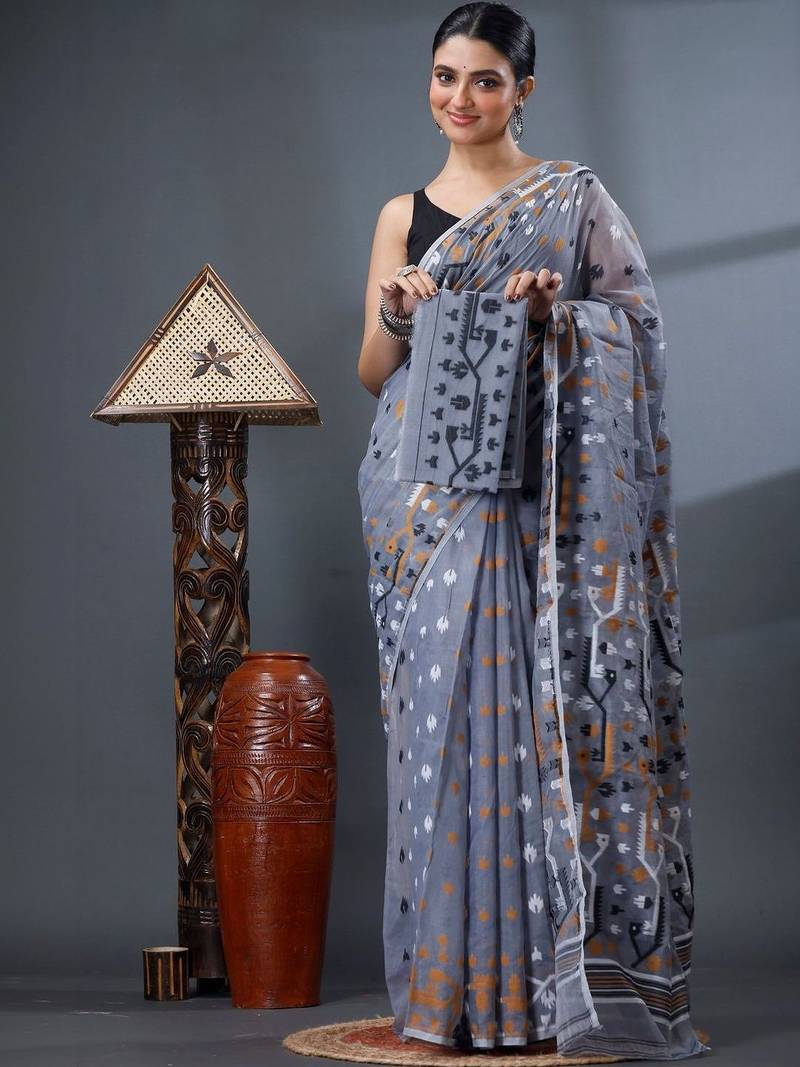 grey ethnic motifs silk cotton handloom jamdani saree