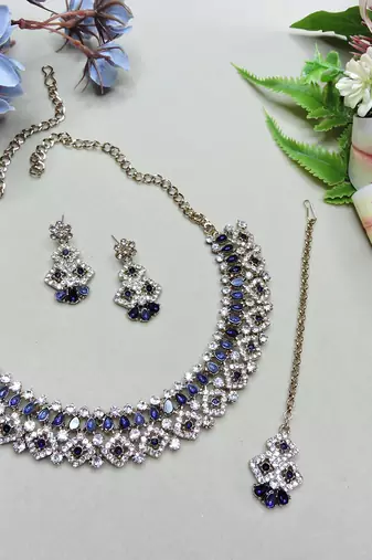 Blue color yellow gold plating festive wear designer necklace set