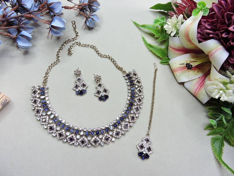 Blue color yellow gold plating festive wear designer necklace set