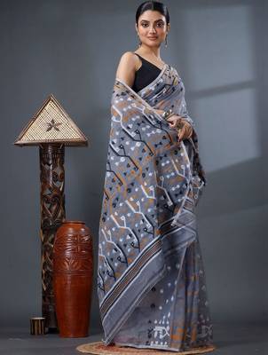 grey ethnic motifs silk cotton handloom jamdani saree 2