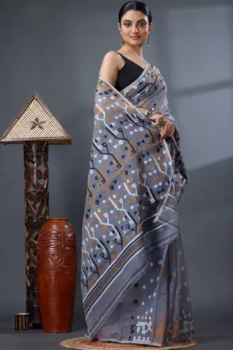 grey ethnic motifs silk cotton handloom jamdani saree