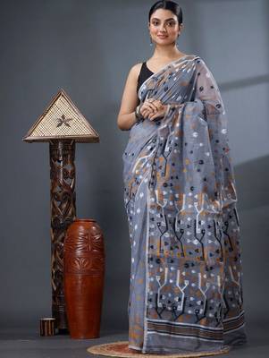 grey ethnic motifs silk cotton handloom jamdani saree 3