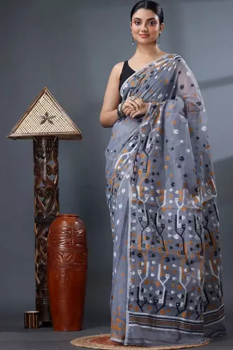 grey ethnic motifs silk cotton handloom jamdani saree