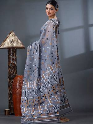 grey ethnic motifs silk cotton handloom jamdani saree 4