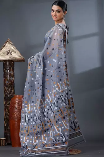 grey ethnic motifs silk cotton handloom jamdani saree