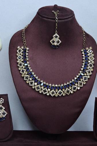 Blue color yellow gold plating festive wear designer necklace set