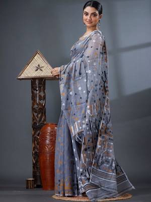 grey ethnic motifs silk cotton handloom jamdani saree 5