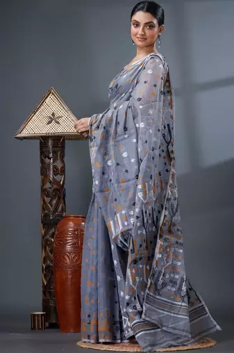 grey ethnic motifs silk cotton handloom jamdani saree