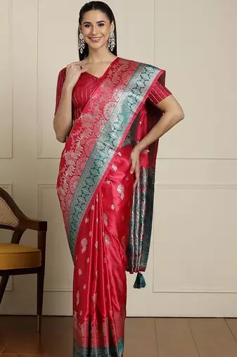 red banarasi satin silk ethnic motif sarees