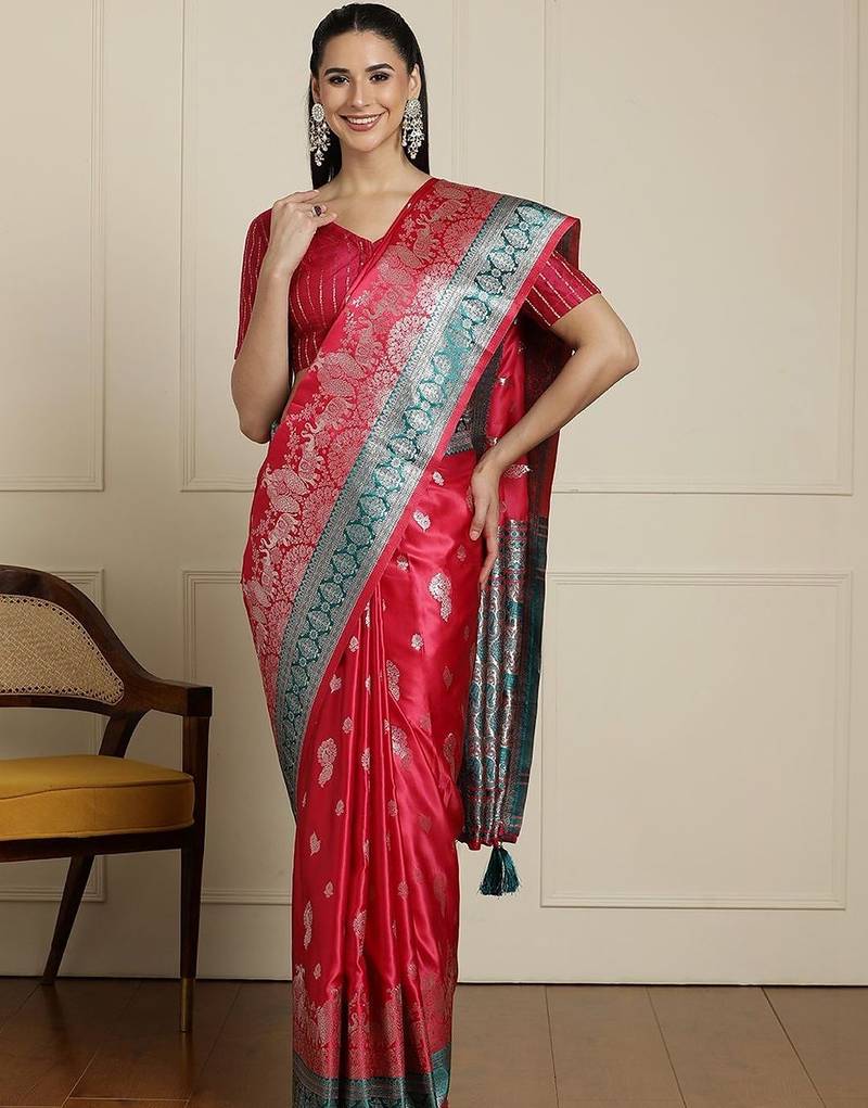 red banarasi satin silk ethnic motif sarees