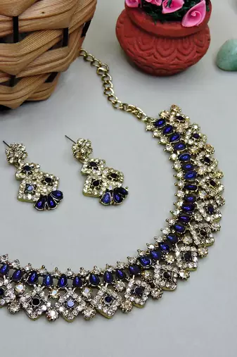 Blue color yellow gold plating festive wear designer necklace set