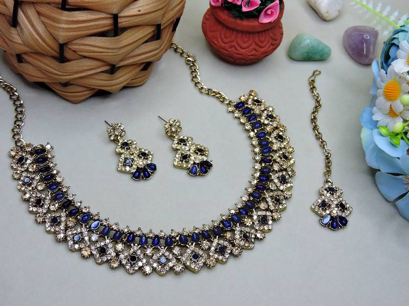 Blue color yellow gold plating festive wear designer necklace set