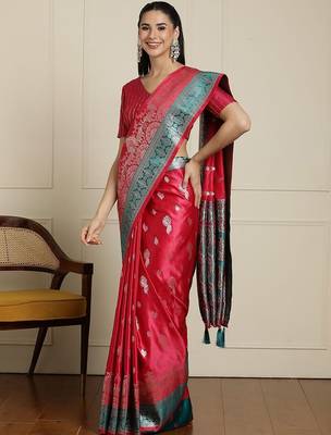 red banarasi satin silk ethnic motif sarees 2