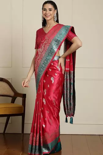 red banarasi satin silk ethnic motif sarees
