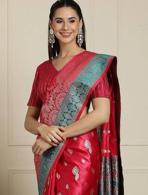 red banarasi satin silk ethnic motif sarees 3
